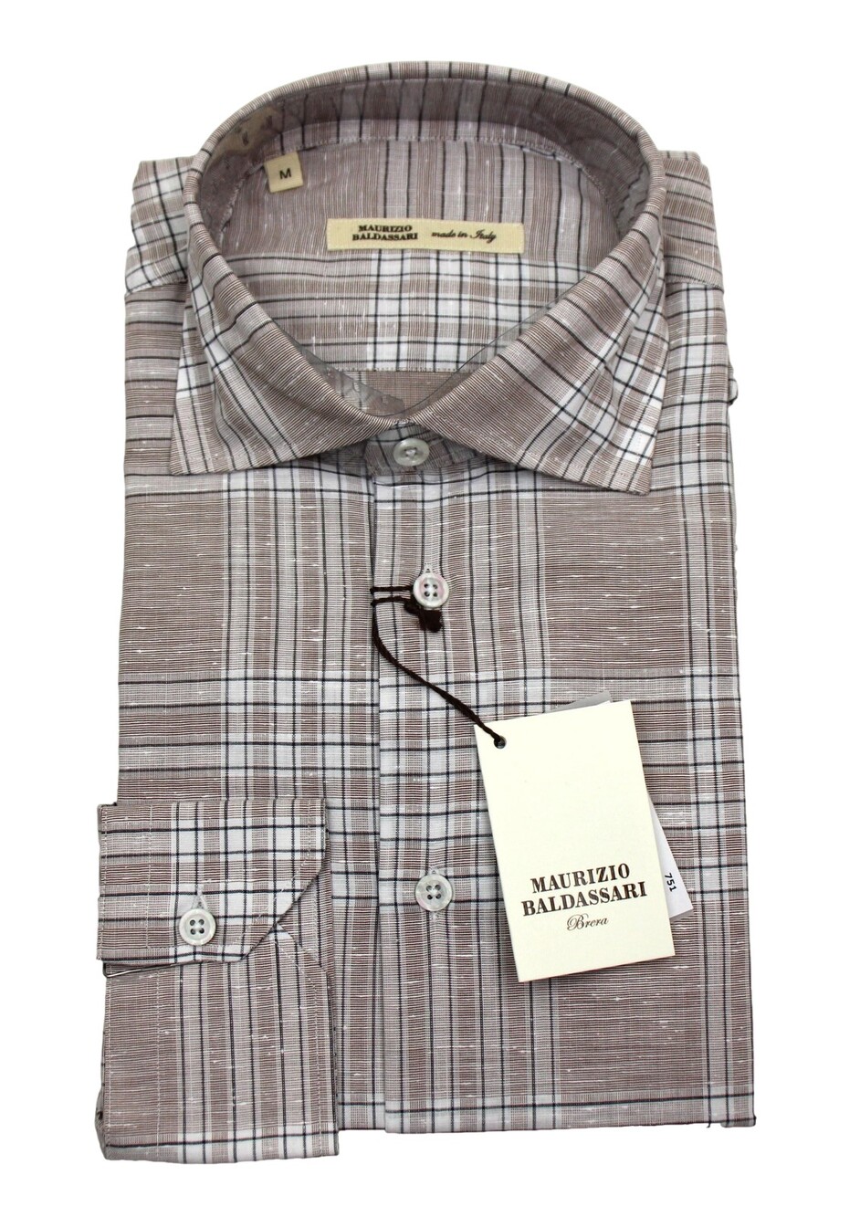 Maurizio Baldassari Dress Shirt Mens Medium Light Brown Plaid Long Sleeve Italy